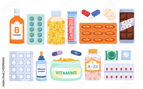 Dietary supplements packages set. Medical glass bottle and packaging, jar with with cap and label, multi complex of micronutrients, minerals and vitamins, open capsule cartoon