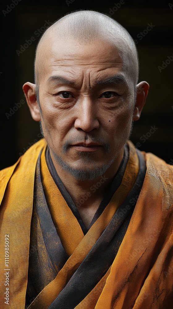 Portrait of a monk with a focused expression, wearing a traditional orange robe, showcasing strength and wisdom in a serene environment Portrait of a monk with a focused expression, wearing a traditional orange robe, showcasing strength and wisdom in a serene environment