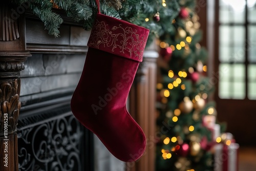 Holiday stocking hanging by the fireplace decorated with festive greenery and a beautifully lit Christmas tree in the background photo