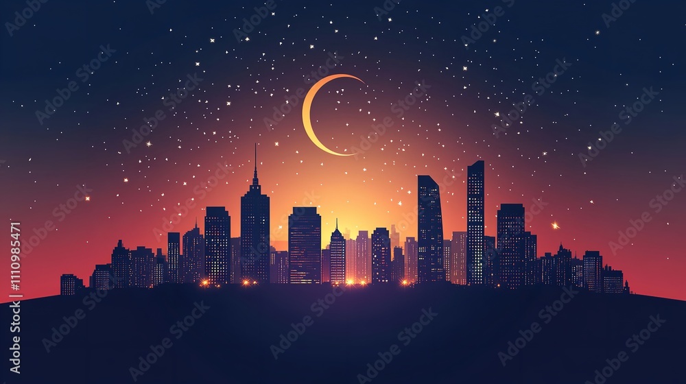 A Flat Vector Illustration of a City Skyline at Night with Illuminated Buildings
A Flat Vector Illustration of a City Skyline at Night with Illuminated Buildings
