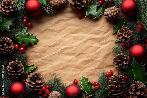 Festive holiday decoration featuring pinecones, red ornaments, and greenery arranged around a blank textured background photo