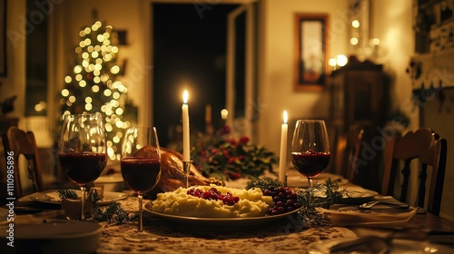 Cozy Christmas Dinner Table Setting with Christmas Tree, Candles, Wine Glasses, and Delicious Food Surrounded by Warm Decorative Lights in a Home Setting