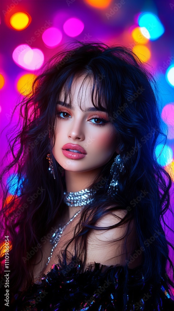 Stunning young woman with long dark hair against a vibrant bokeh background, exuding elegance and beauty. Stunning young woman with long dark hair against a vibrant bokeh background, exuding elegance and beauty.