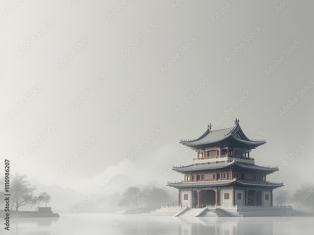 Ancient Tower by the Lake - Serene Oriental Beauty Ancient Tower by the Lake - Serene Oriental Beauty