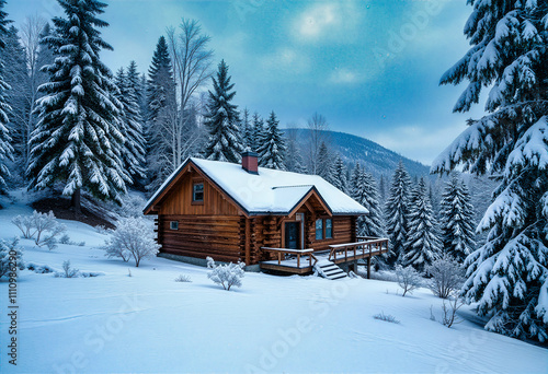 A charming wooden cabin nestled in a scenic snowy forest, exemplifying winter's serene beauty and tranquility.