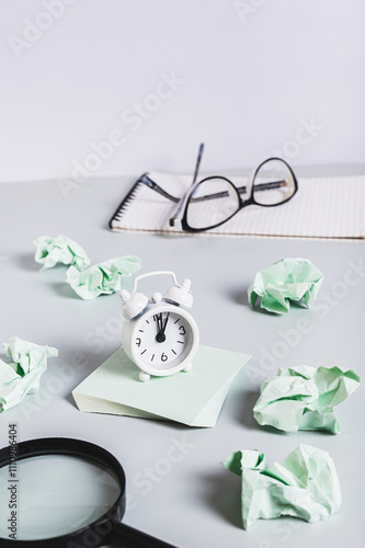 Alarm clock on writing paper, notepad and glasses on desk, burnout breaks concept vertical view