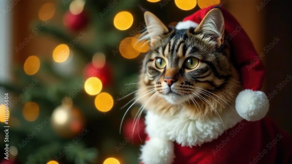 Portrait of a cute cat in a Santa Claus clothes looking at the camera against the blurred background of Christmas tree lights. Holiday card. Copy space. Happy New Year concept. Domestic animal Portrait of a cute cat in a Santa Claus clothes looking at the camera against the blurred background of Christmas tree lights. Holiday card. Copy space. Happy New Year concept. Domestic animal
