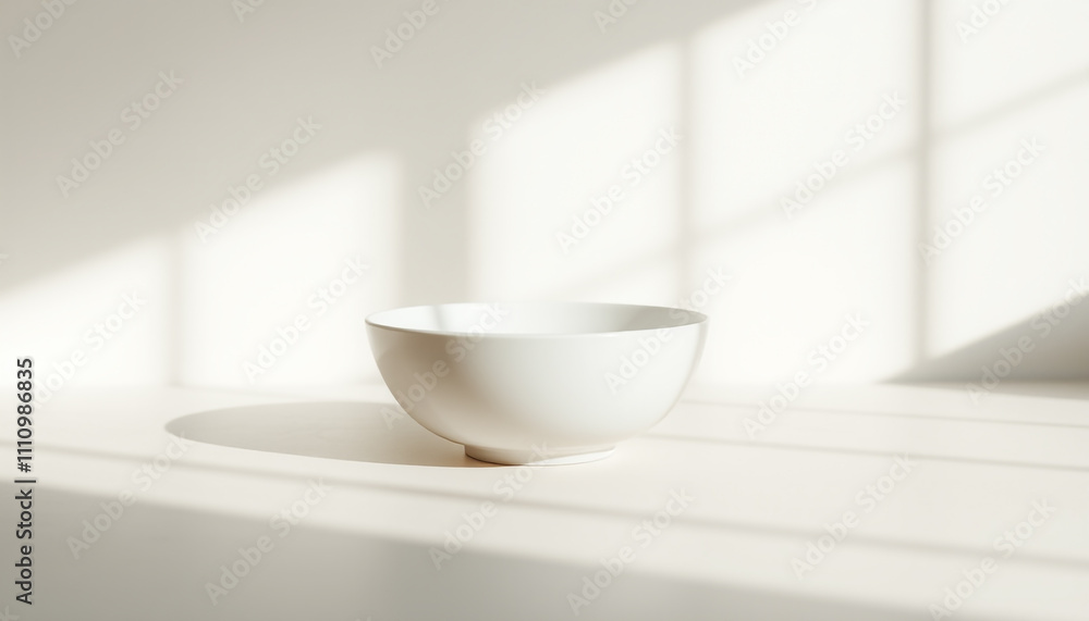 Set of clean white ceramic bowls with natural sunlight, bright and simple kitchenware Set of clean white ceramic bowls with natural sunlight, bright and simple kitchenware