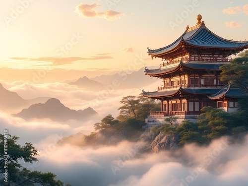 Wallpaper Mural Temple atop the Clouds - A Serene Sanctuary in the Morning Glow Torontodigital.ca