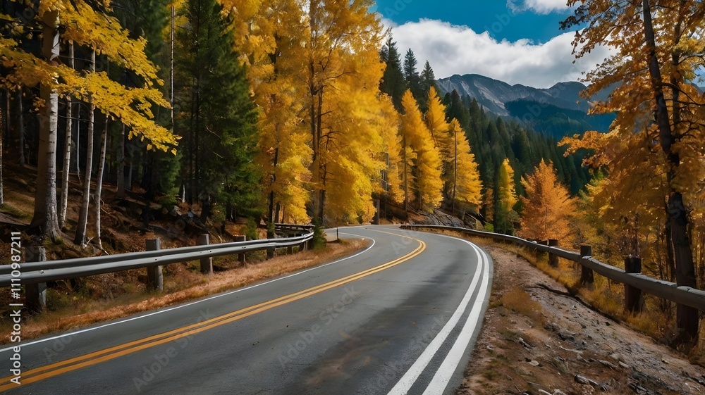 Fototapeta premium Mountain road lined with trees showing autumn colors under bright sk
