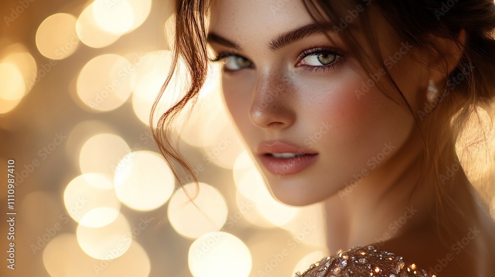 Close-up portrait of a beautiful young woman with natural makeup and glowing skin against a bokeh background. Close-up portrait of a beautiful young woman with natural makeup and glowing skin against a bokeh background.