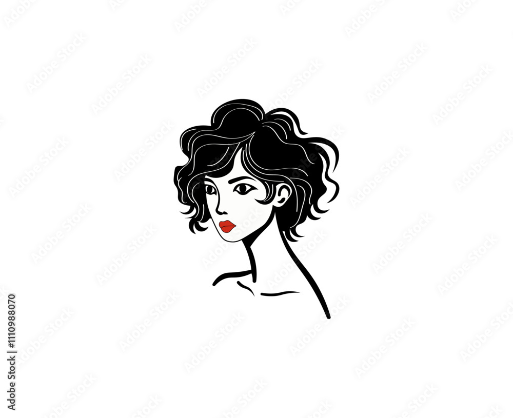 Vector illustration of black and white silhouette of a girl's face with curls and red lips Vector illustration of black and white silhouette of a girl's face with curls and red lips