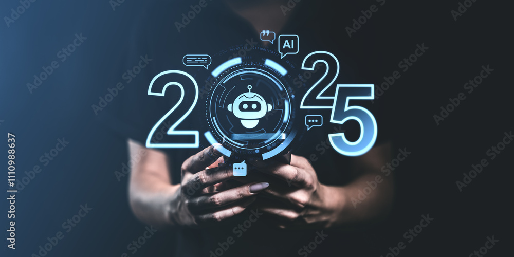 2025 futuristic technology with AI interface on dark screen back 2025 futuristic technology with AI interface on dark screen back