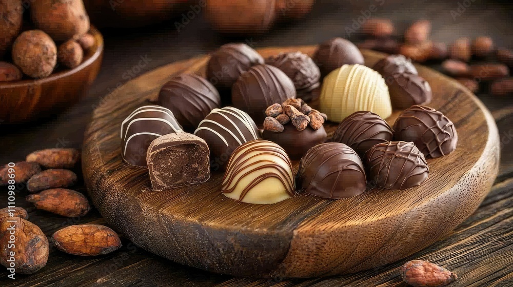 Assorted Gourmet Chocolates on a Rustic Wooden Plate Surrounded by Cocoa Beans, Showcasing an Irresistible Variety of Rich Flavors and Textures Assorted Gourmet Chocolates on a Rustic Wooden Plate Surrounded by Cocoa Beans, Showcasing an Irresistible Variety of Rich Flavors and Textures
