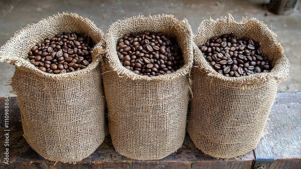 Freshly Roasted Coffee Beans in Natural Burlap Sacks on Rustic Wooden Table, Highlighting Organic Texture and Aroma of Quality Coffee Culture Freshly Roasted Coffee Beans in Natural Burlap Sacks on Rustic Wooden Table, Highlighting Organic Texture and Aroma of Quality Coffee Culture