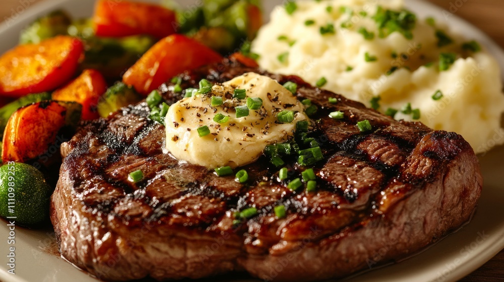 Photo of, A juicy grilled steak topped with garlic herb butter, served with roasted vegetables and mashed potatoes Photo of, A juicy grilled steak topped with garlic herb butter, served with roasted vegetables and mashed potatoes