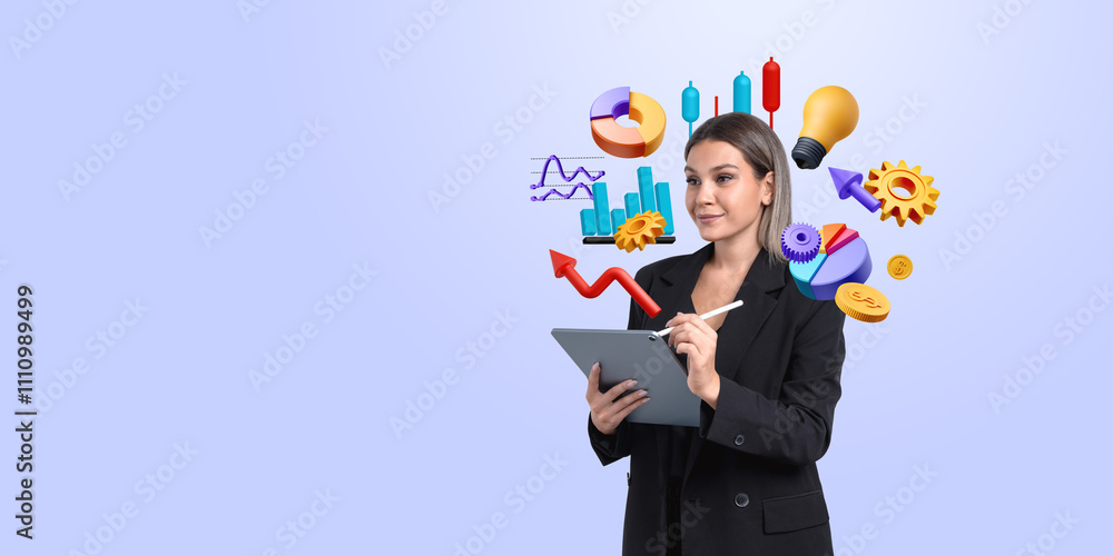 Businesswoman with tablet and colorful business icons on light b Businesswoman with tablet and colorful business icons on light b