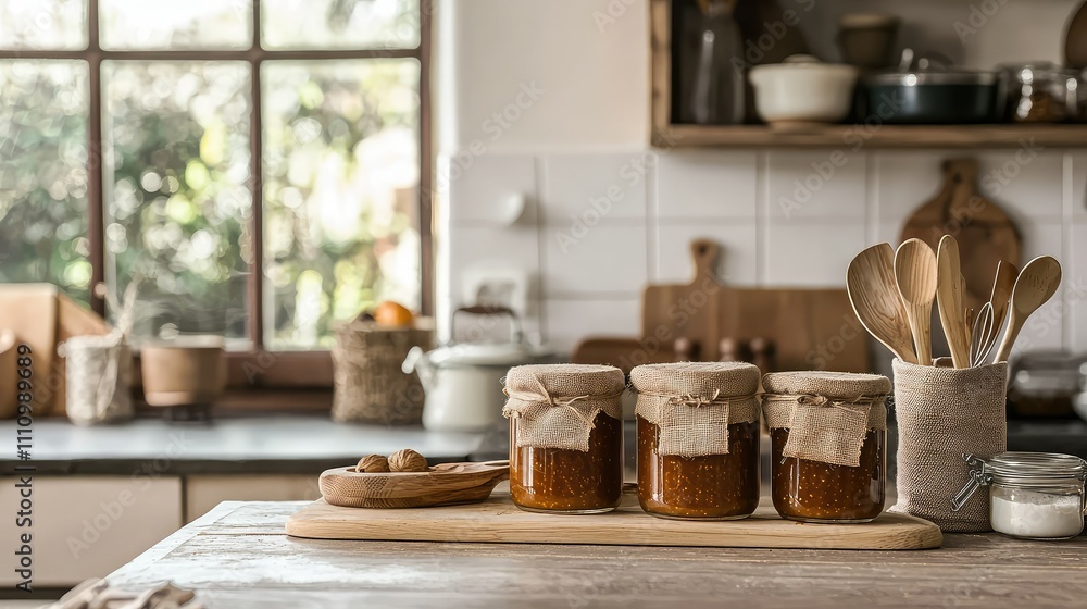 Cozy Kitchen Scene with Homemade Jam in Glass Jars Surrounded by Natural Light, Wooden Utensils, and Rustic Decor for a Warm, Inviting Atmosphere Cozy Kitchen Scene with Homemade Jam in Glass Jars Surrounded by Natural Light, Wooden Utensils, and Rustic Decor for a Warm, Inviting Atmosphere