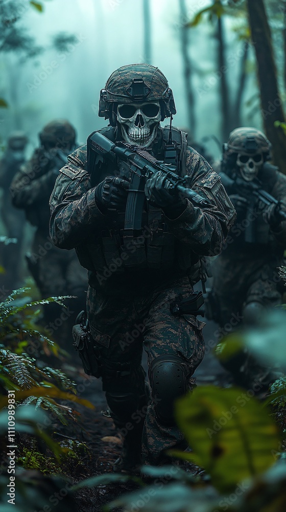 Fototapeta premium a skeleton delta force operator carrying a Mk18 with suppressor, other skeleton operators behind him finding enemies, midnightcore pastel kiragam, tarot card, in amazon forest, they are facing gunfigh