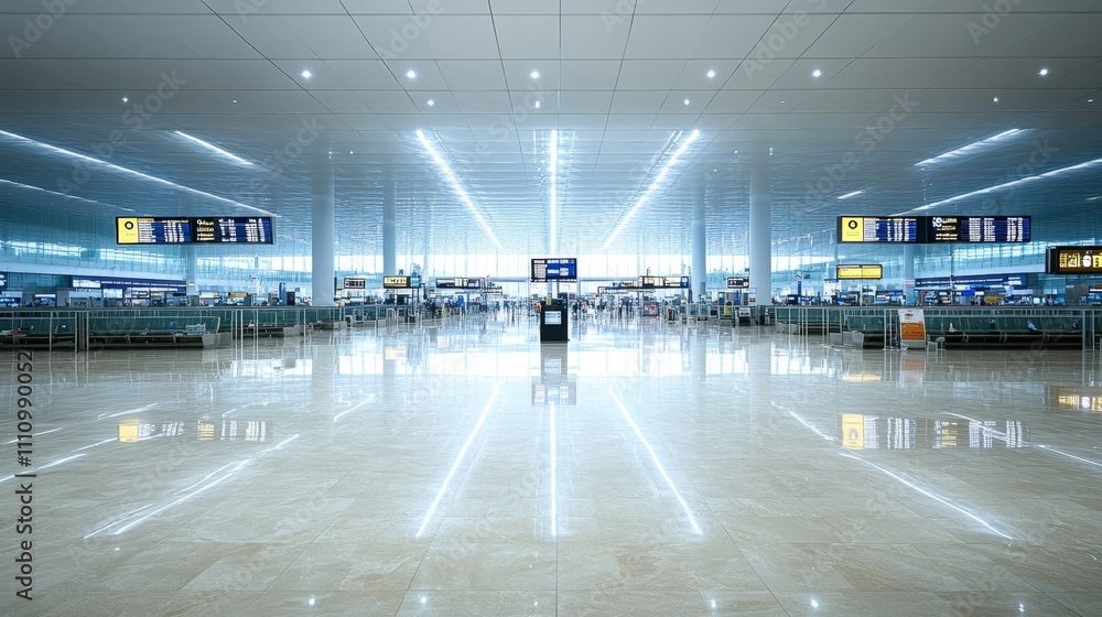 A spacious airport terminal with bright lighting and empty floors, designed for travelers. A spacious airport terminal with bright lighting and empty floors, designed for travelers.