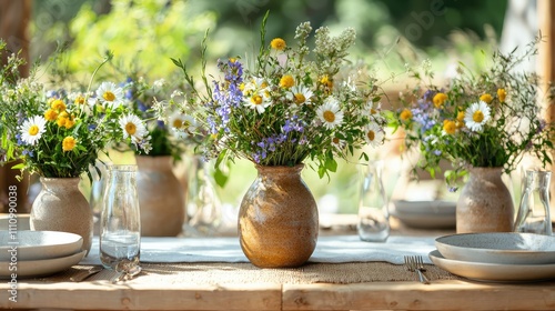 Wallpaper Mural Charming Rustic Table Setting with Wildflower Bouquets, Reusable Dinnerware, and Natural Light in Outdoor Summer Garden Atmosphere Torontodigital.ca