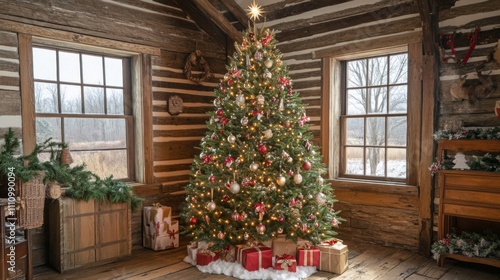 Decorated Christmas Tree in a Rustic Log Cabin photo