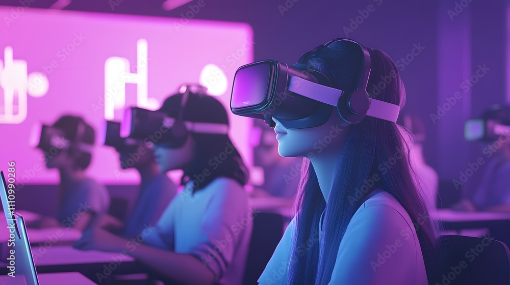 A group of individuals engaged in a virtual reality experience, wearing VR headsets in a dimly lit room with colorful ambient lighting, showcasing modern digital innovation and int A group of individuals engaged in a virtual reality experience, wearing VR headsets in a dimly lit room with colorful ambient lighting, showcasing modern digital innovation and int