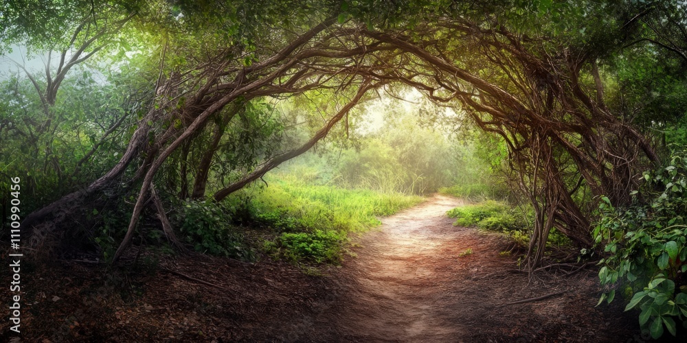 Naklejka premium A Serene Pathway Through an Enchanting Forest, Sunlight Filtering Through Lush Trees, Leading to a Mysterious Hidden Grove