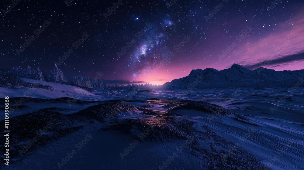 Captivating Night Sky with Stars Above a Serene Snowy Landscape Illuminated by a Purple Dawn Glow, Ideal for Winter and Nature Themes Captivating Night Sky with Stars Above a Serene Snowy Landscape Illuminated by a Purple Dawn Glow, Ideal for Winter and Nature Themes