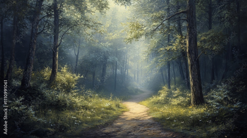 Fototapeta premium Sunlit Path Winding Through a Lush, Misty Forest