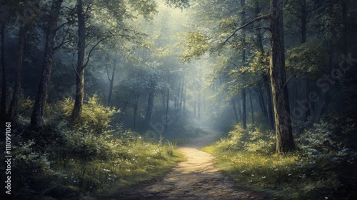 Sunlit Path Winding Through a Lush, Misty Forest