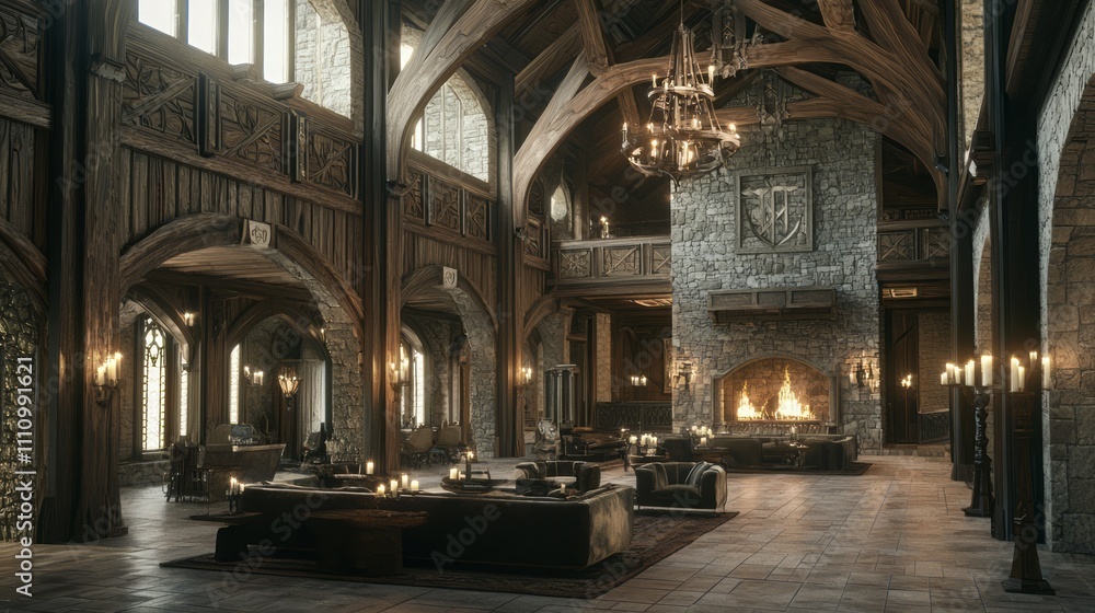 Fototapeta premium Luxurious Modern-Medieval Living Room with Plush Velvet Sofas and Stone Fireplace Illuminated by Soft Candlelight