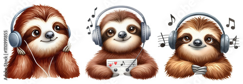 sloth watercolor painting sloth wearing headphones and listening to music png clipart cutout transparent isolated