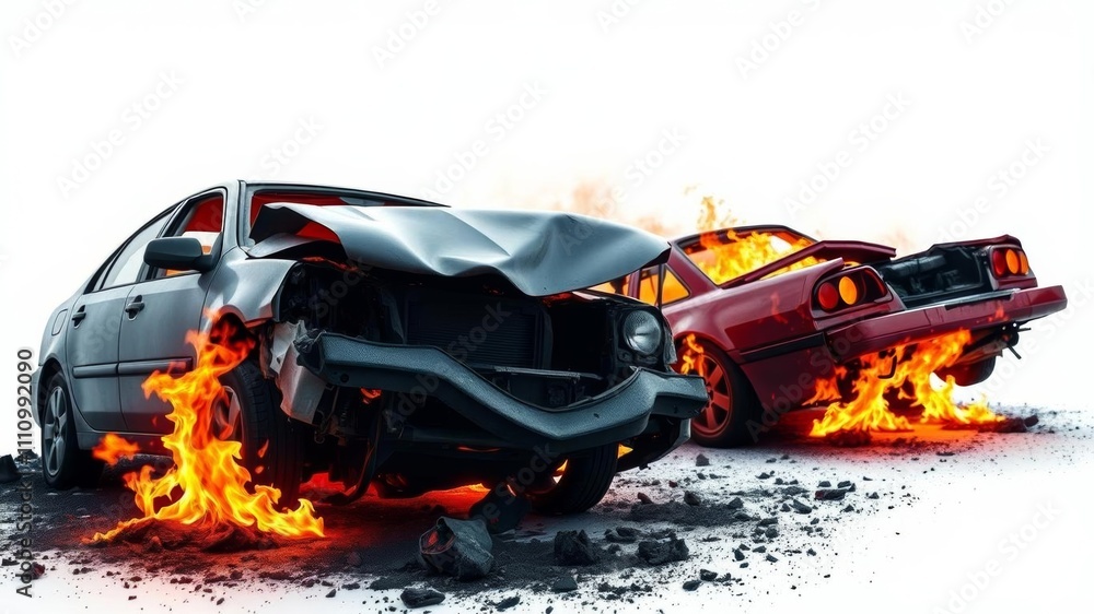 Fototapeta premium Two wrecked cars in fiery aftermath on white background, danger, dramatic