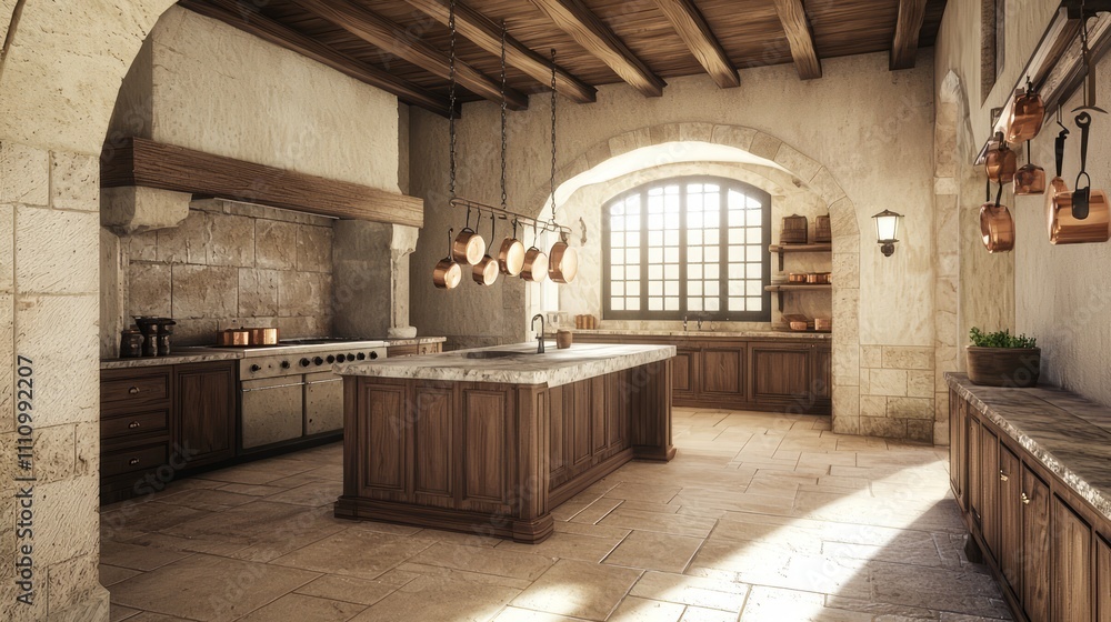 Ultra-Detailed Modern-Medieval Kitchen Interior Design with Stone Hearth and Copper Pots Ultra-Detailed Modern-Medieval Kitchen Interior Design with Stone Hearth and Copper Pots