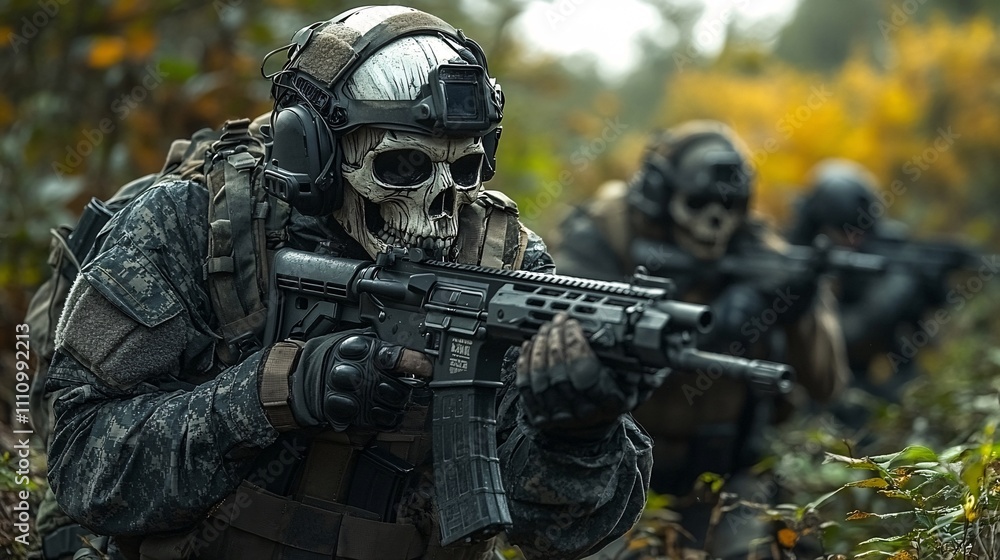 a skeleton delta force operator carrying a Mk18 with suppressor, other skeleton operators behind him finding enemies, midnightcore pastel kiragam, tarot card, in amazon forest, they are facing gunfigh a skeleton delta force operator carrying a Mk18 with suppressor, other skeleton operators behind him finding enemies, midnightcore pastel kiragam, tarot card, in amazon forest, they are facing gunfigh