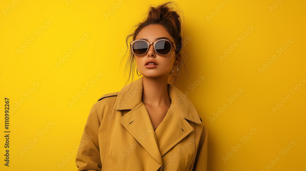 A trendy woman wearing a classic trench coat paired with oversized sunglasses A trendy woman wearing a classic trench coat paired with oversized sunglasses
