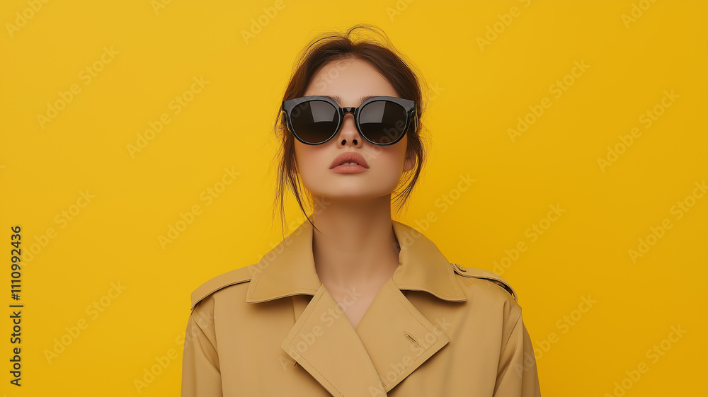 A trendy woman wearing a classic trench coat paired with oversized sunglasses A trendy woman wearing a classic trench coat paired with oversized sunglasses