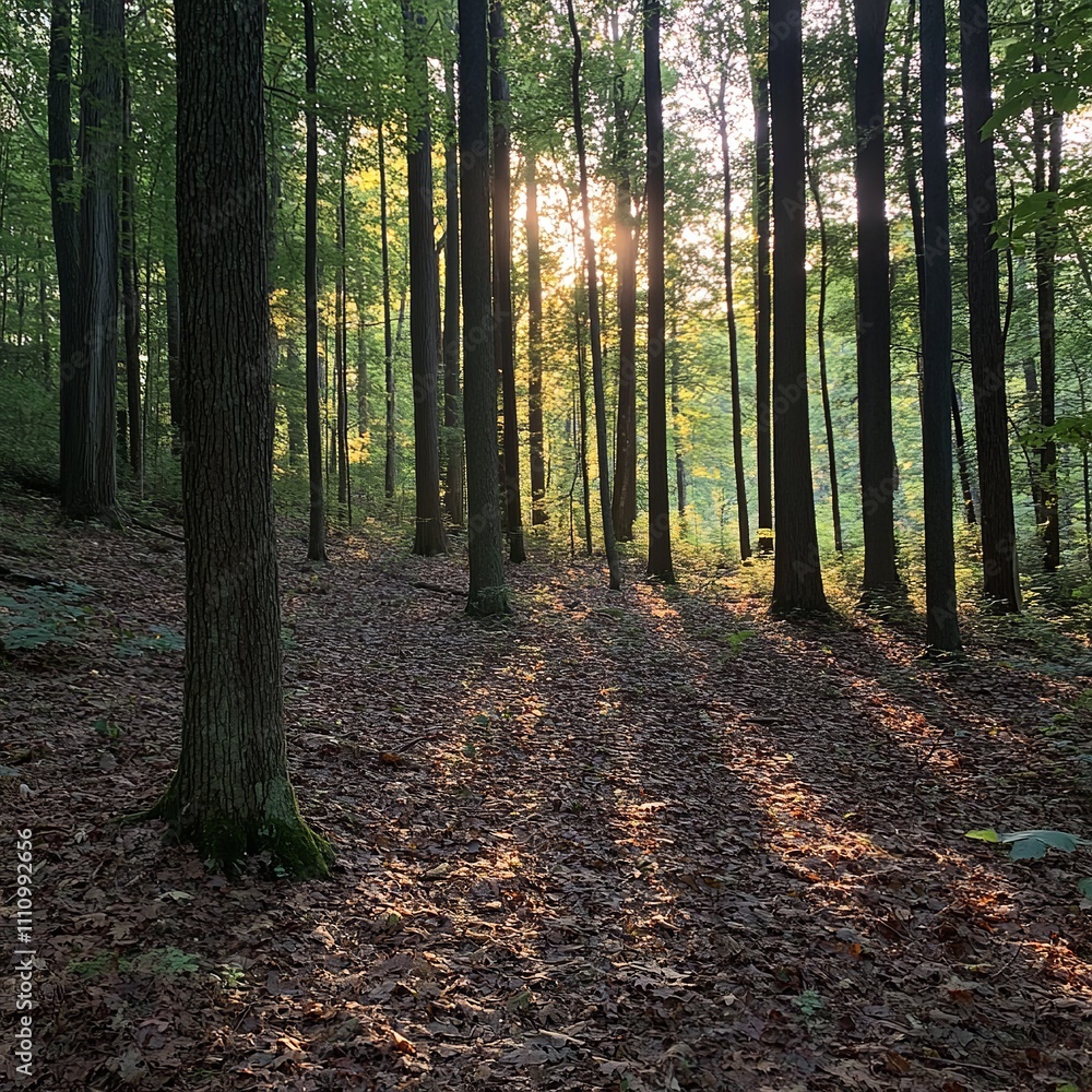 Obraz premium Golden sunlight filters through the trees in a dense forest, creating a magical atmosphere.