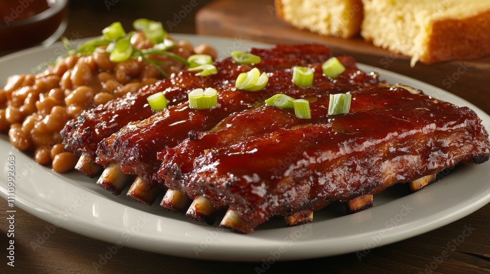 Photo of, A mouthwatering plate of barbecue ribs glazed with a smoky sauce, served with cornbread and coleslaw Photo of, A mouthwatering plate of barbecue ribs glazed with a smoky sauce, served with cornbread and coleslaw
