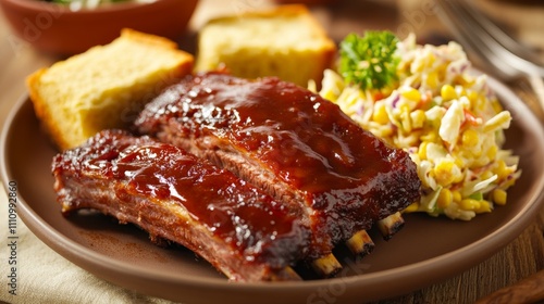 Photo of, A mouthwatering plate of barbecue ribs glazed with a sweet and tangy sauce, served with coleslaw and corn on the cob