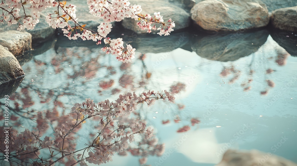 Tranquil Reflection of Cherry Blossoms Over Calm Water Surface Surrounded by Stones in a Serene Natural Landscape Tranquil Reflection of Cherry Blossoms Over Calm Water Surface Surrounded by Stones in a Serene Natural Landscape