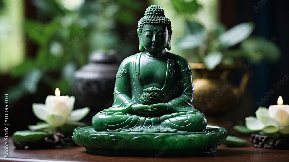 Green jade Buddha statue surrounded by candles and lotus flowers in a serene setting Green jade Buddha statue surrounded by candles and lotus flowers in a serene setting