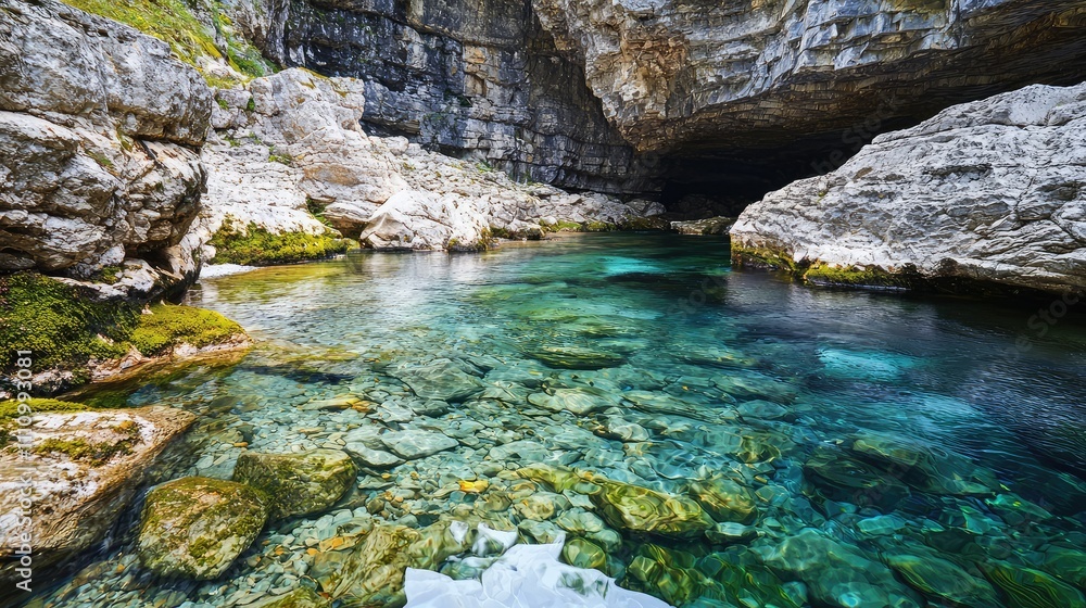 Crystal Clear Waters Embrace Serene Rocky Cavern with Lush Greenery and Tranquil Reflections in a Hidden Natural Paradise Crystal Clear Waters Embrace Serene Rocky Cavern with Lush Greenery and Tranquil Reflections in a Hidden Natural Paradise