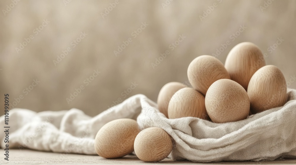 Wooden Eggs on Cream Textile Still Life Composition Wooden Eggs on Cream Textile Still Life Composition