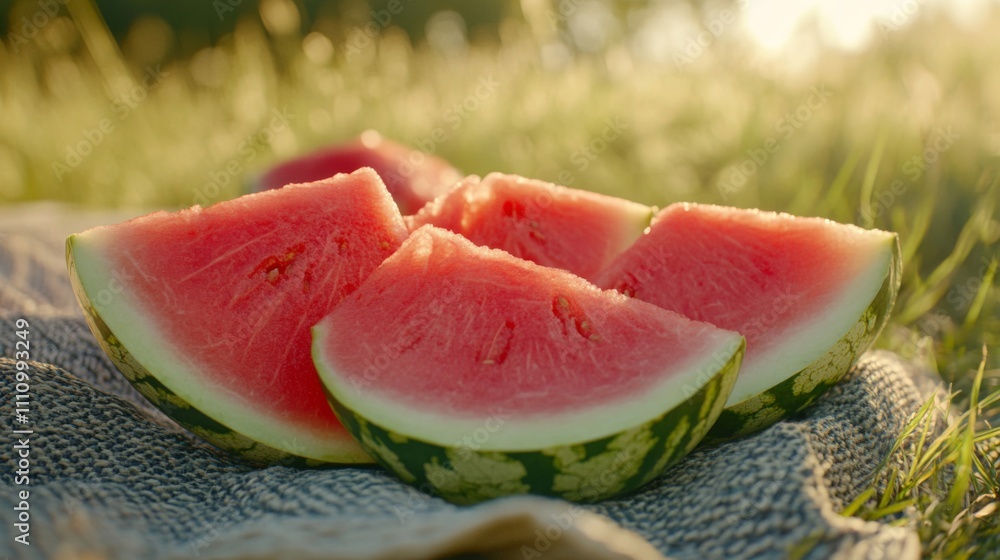 Watermelon Slices on a Picnic Blanket in the Grass Watermelon Slices on a Picnic Blanket in the Grass