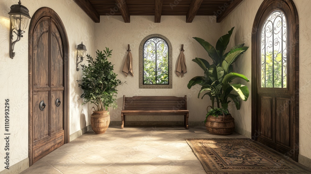 Fototapeta premium Modern-Medieval Charm: Cozy Entryway with Rustic Bench, Vintage Mirror, and Potted Plant | Photorealistic Interior Design