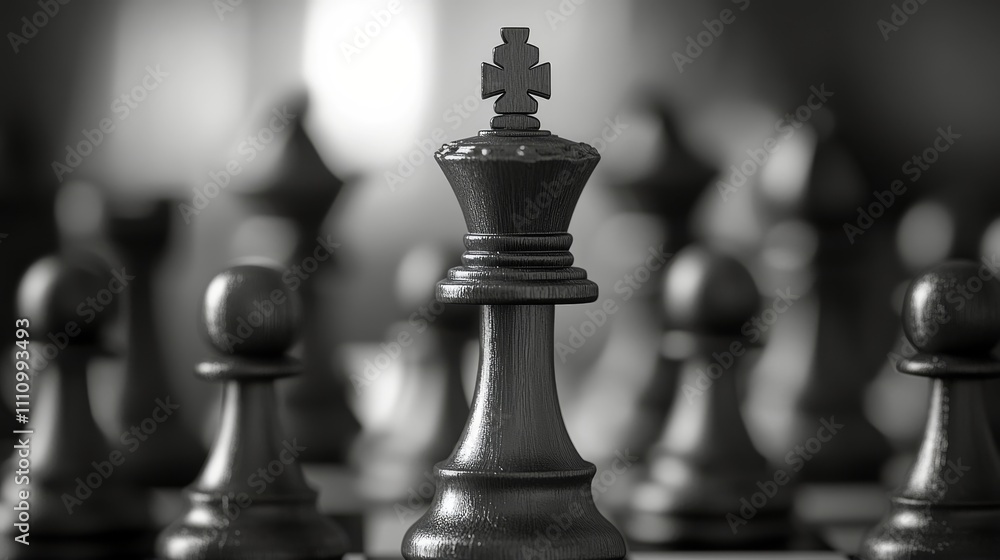 Black king chess piece at the center of a chessboard surrounded by pawns Black king chess piece at the center of a chessboard surrounded by pawns