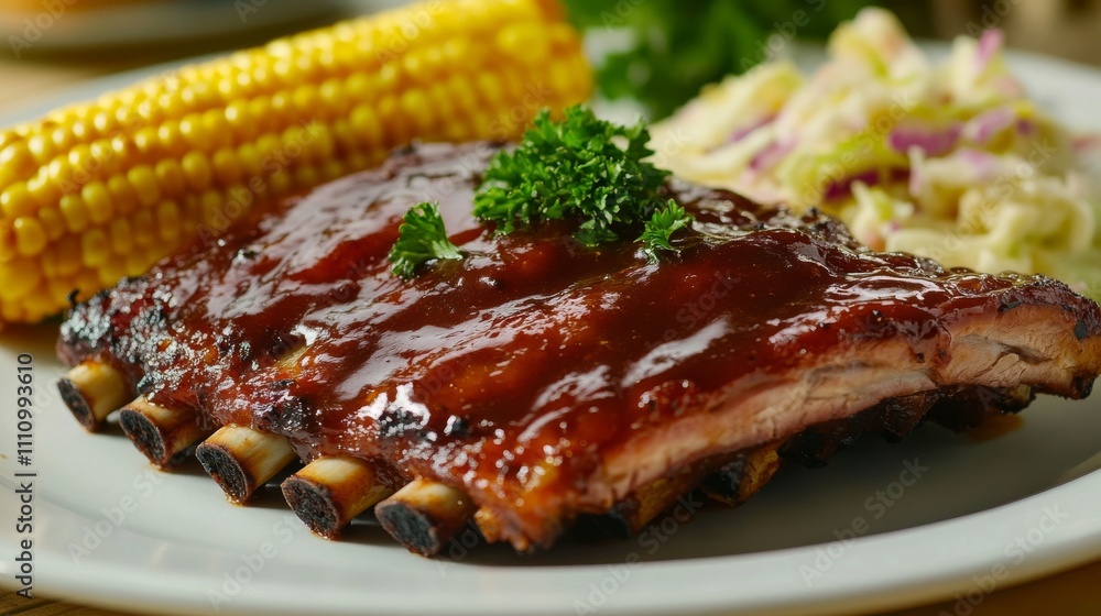 Photo of, A mouthwatering plate of barbecue ribs glazed with a tangy sauce, served with corn on the cob and coleslaw Photo of, A mouthwatering plate of barbecue ribs glazed with a tangy sauce, served with corn on the cob and coleslaw
