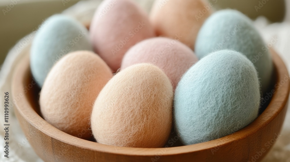Soft Textured Easter Eggs in Wooden Bowl Close-Up Soft Textured Easter Eggs in Wooden Bowl Close-Up